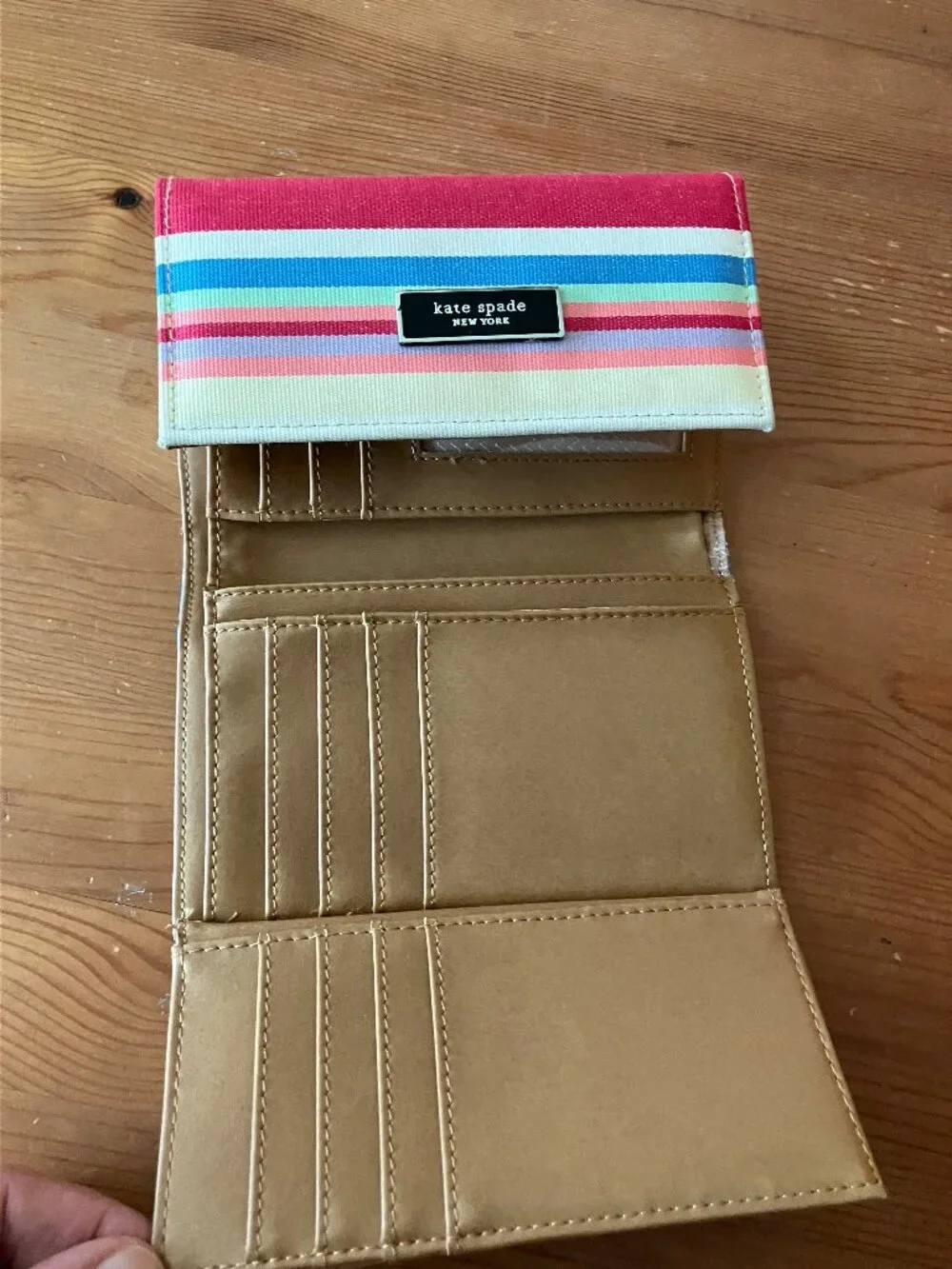 Kate Spaid New York wallet trifold canvas colorful striped metal brand logo6x4x1
